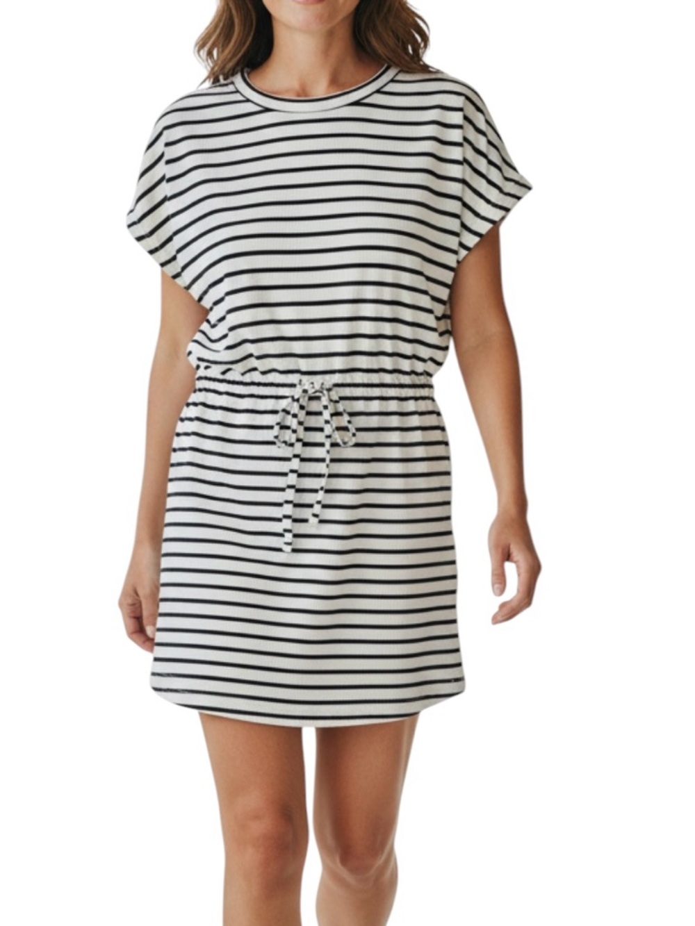 Women’s Striped Drawstring Waist Mini Dress Cotton Cover Up Casual Tunic Size L